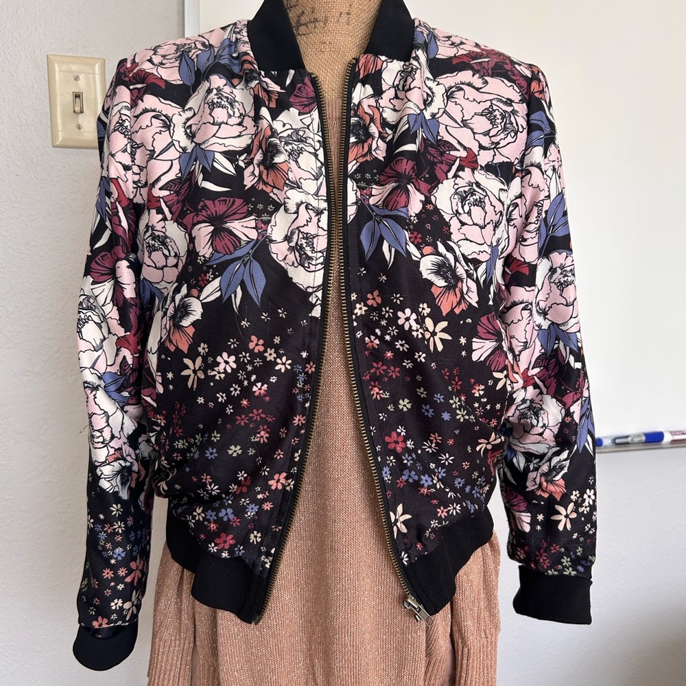Floral Bomber Jacket - Black and Pink